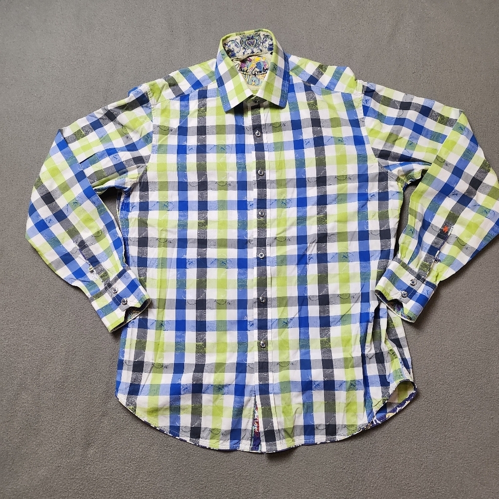 Robert Graham Plaid Flip Cuff Button Up Shirt Blue Green Paisley Trim